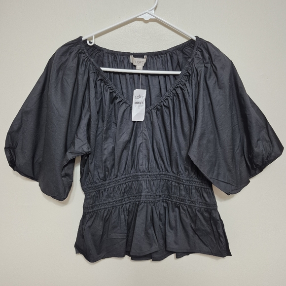 NWT LOFT Women's Romantic Black Peasant Smocked Waist Peplum Blouse Size Small - Picture 4 of 6